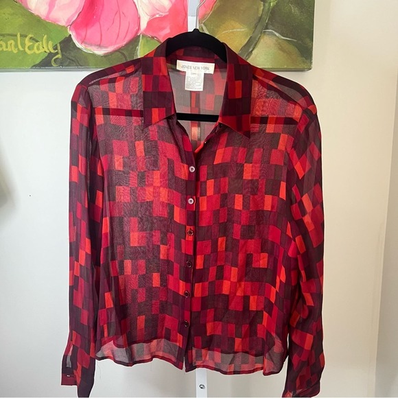 Jones Of New York Red Plaid Checkered Silk Blouse Size 14 - Picture 8 of 12